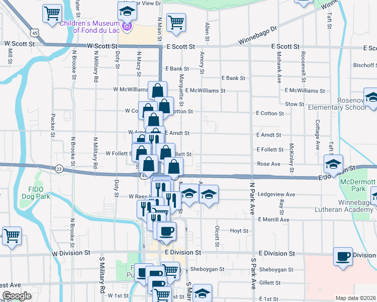 map of restaurants, bars, coffee shops, grocery stores, and more near 65 East Follett Street in Fond du Lac