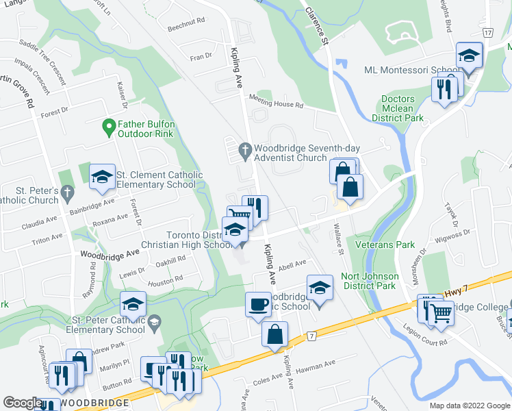 map of restaurants, bars, coffee shops, grocery stores, and more near 8010 Kipling Avenue in Vaughan