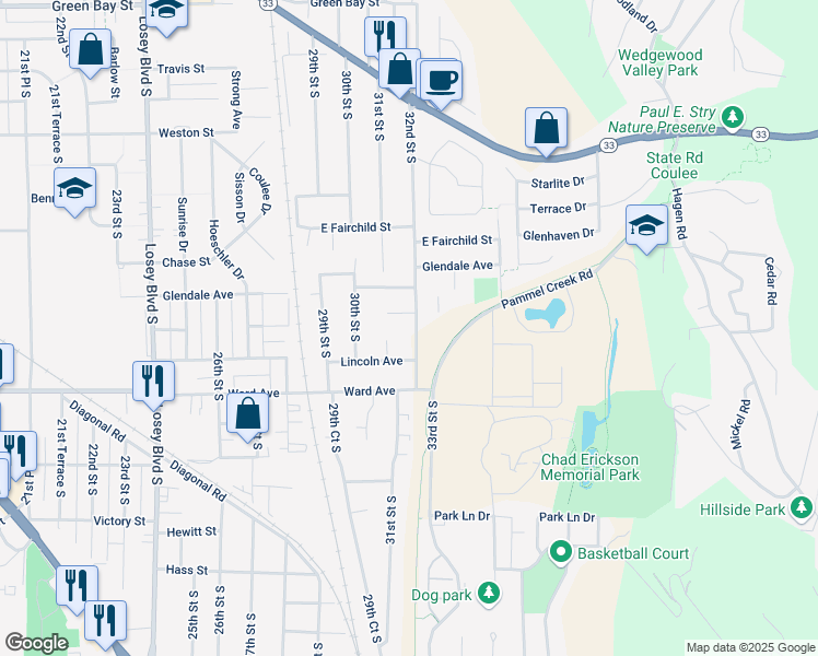 map of restaurants, bars, coffee shops, grocery stores, and more near 2604 32nd Street South in La Crosse