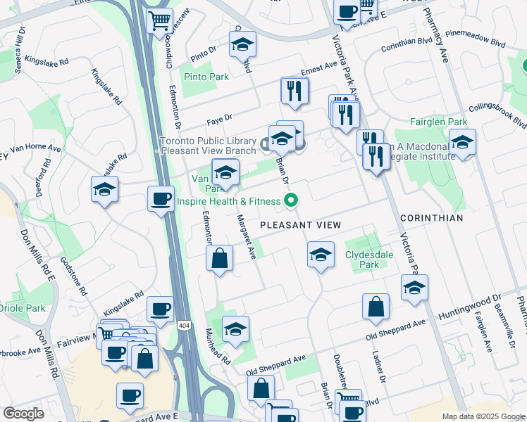 map of restaurants, bars, coffee shops, grocery stores, and more near 17 Kamloops Drive in Toronto