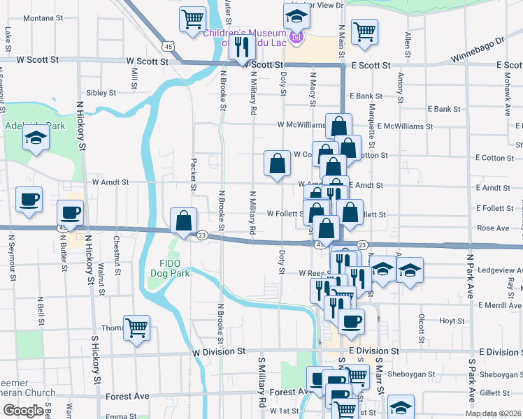 map of restaurants, bars, coffee shops, grocery stores, and more near 125 West Follett Street in Fond du Lac