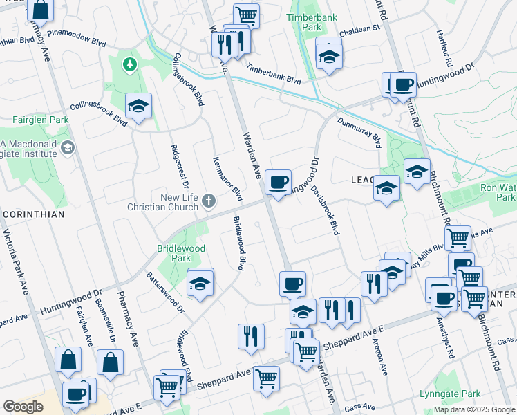 map of restaurants, bars, coffee shops, grocery stores, and more near 511 Huntingwood Drive in Toronto