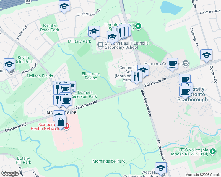 map of restaurants, bars, coffee shops, grocery stores, and more near 3050 Ellesmere Road in Toronto