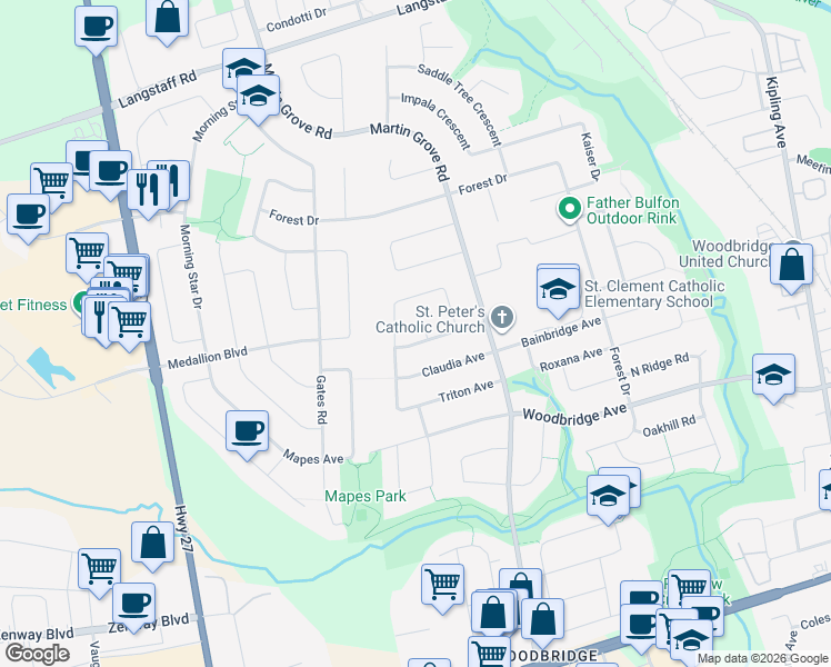 map of restaurants, bars, coffee shops, grocery stores, and more near 70 Bellona Street in Vaughan