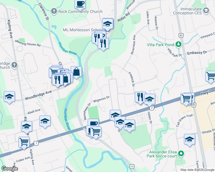map of restaurants, bars, coffee shops, grocery stores, and more near 162 Wigwoss Drive in Vaughan