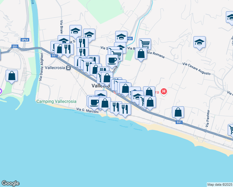 map of restaurants, bars, coffee shops, grocery stores, and more near Via Aprosio in Vallecrosia Alta