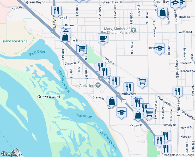 map of restaurants, bars, coffee shops, grocery stores, and more near 2608 Castle Place in La Crosse