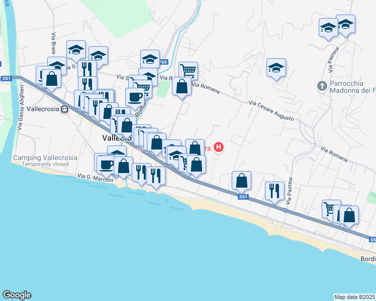 map of restaurants, bars, coffee shops, grocery stores, and more near 90 Via Angeli Custodi in Vallecrosia