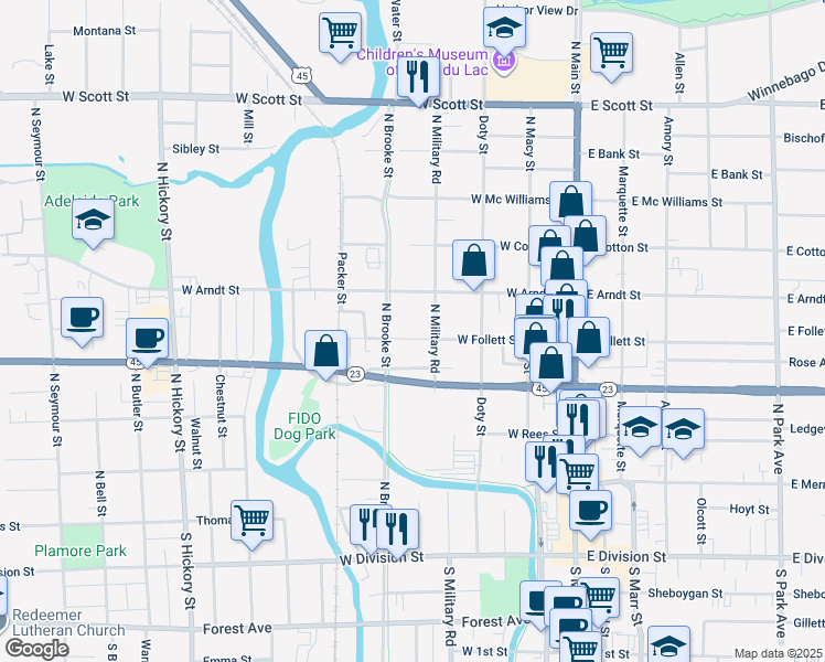 map of restaurants, bars, coffee shops, grocery stores, and more near 163 West Follett Street in Fond du Lac