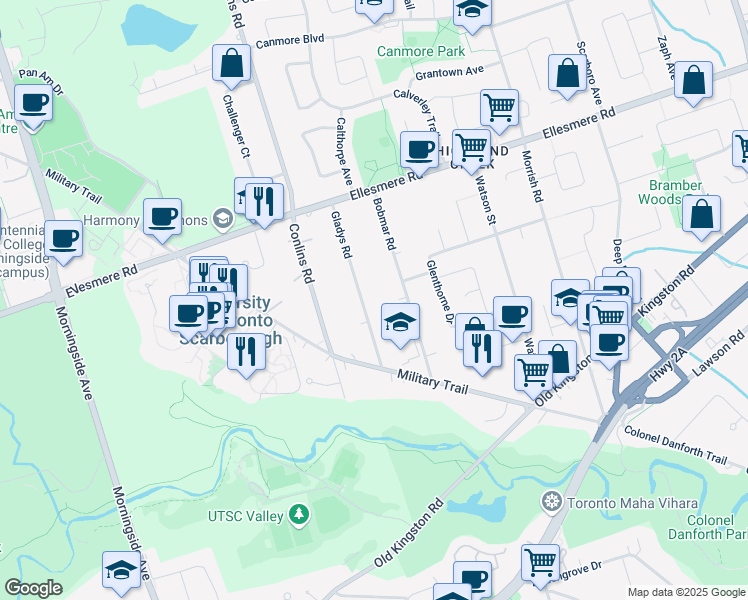 map of restaurants, bars, coffee shops, grocery stores, and more near 31 Gladys Road in Toronto