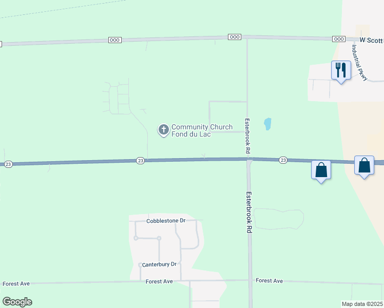 map of restaurants, bars, coffee shops, grocery stores, and more near W6993 Wisconsin 23 Trunk in Fond du Lac