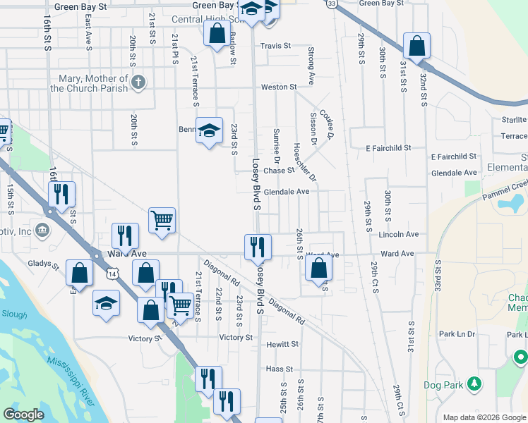 map of restaurants, bars, coffee shops, grocery stores, and more near 2601 Losey Boulevard South in La Crosse