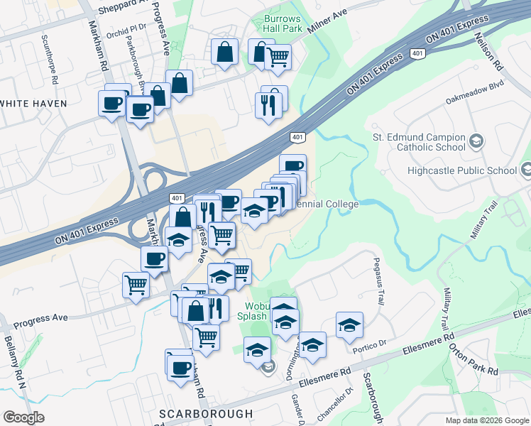map of restaurants, bars, coffee shops, grocery stores, and more near 941 Progress Avenue in Toronto