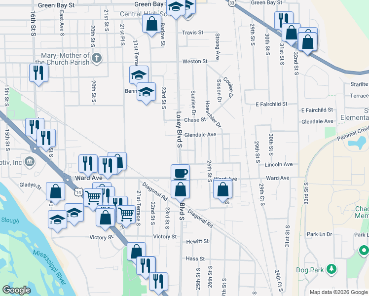map of restaurants, bars, coffee shops, grocery stores, and more near 2601 Losey Boulevard South in La Crosse