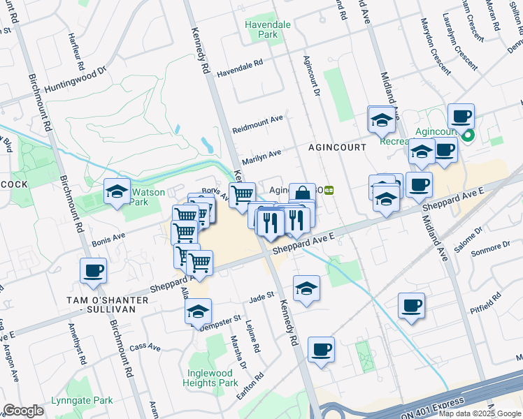 map of restaurants, bars, coffee shops, grocery stores, and more near 2365 Kennedy Road in Toronto