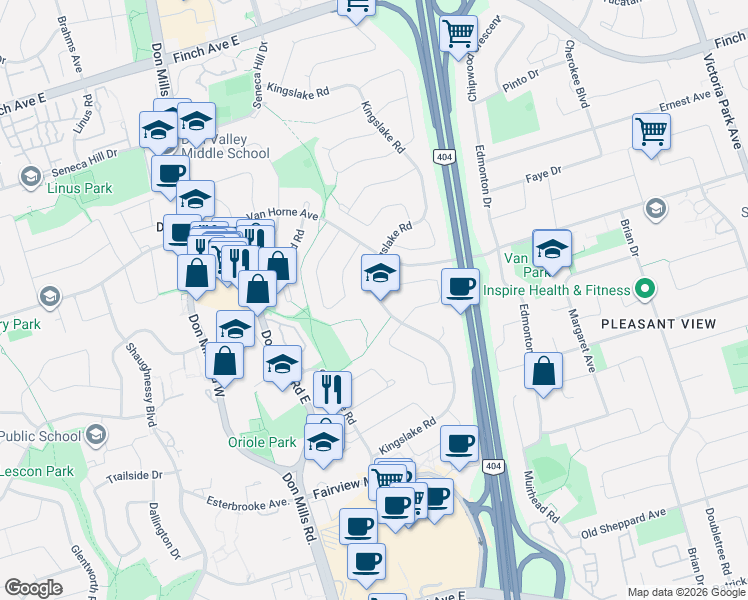 map of restaurants, bars, coffee shops, grocery stores, and more near 100 Kingslake Road in Toronto