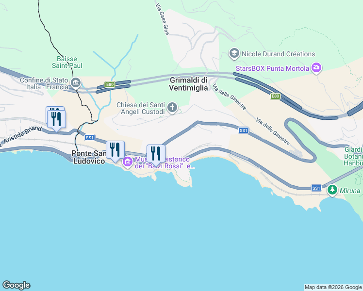 map of restaurants, bars, coffee shops, grocery stores, and more near 81 Corso Mentone in Grimaldi