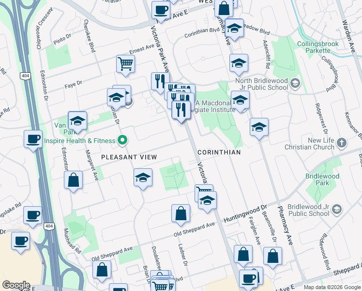 map of restaurants, bars, coffee shops, grocery stores, and more near 155 Pleasant View Drive in Toronto