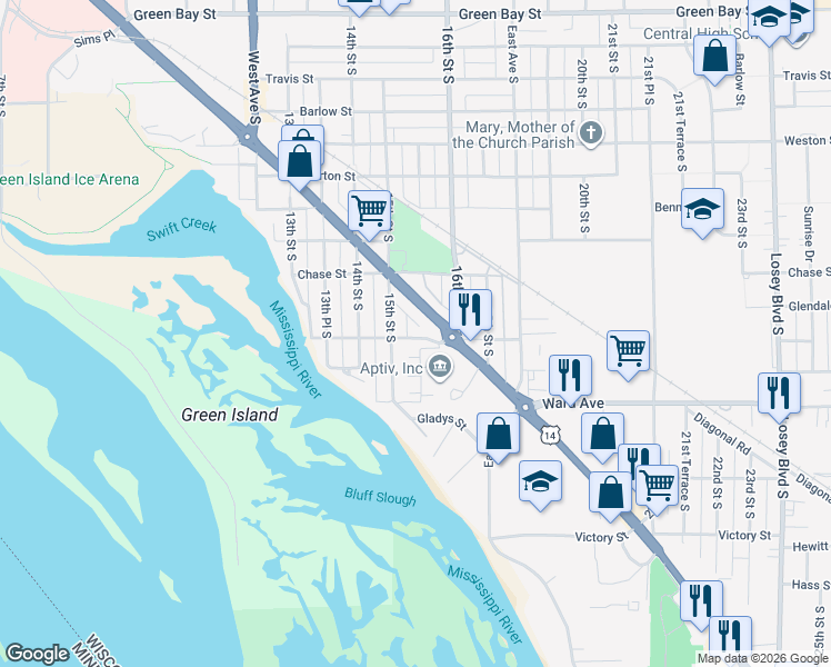 map of restaurants, bars, coffee shops, grocery stores, and more near 2608 Castle Place in La Crosse