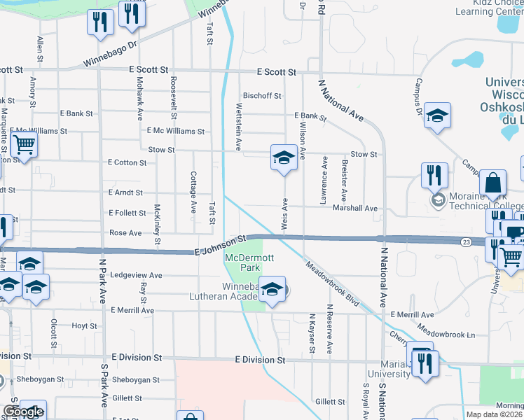 map of restaurants, bars, coffee shops, grocery stores, and more near 454 Marshall Avenue in Fond du Lac