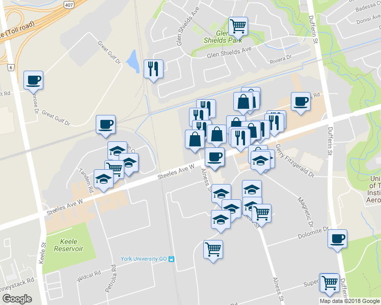 map of restaurants, bars, coffee shops, grocery stores, and more near 1300 Alness Street in Vaughan