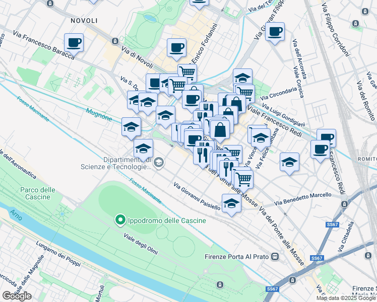 map of restaurants, bars, coffee shops, grocery stores, and more near 158 Via del Ponte alle Mosse in Firenze
