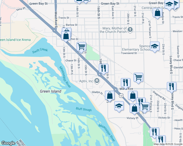 map of restaurants, bars, coffee shops, grocery stores, and more near 2608 Castle Place in La Crosse