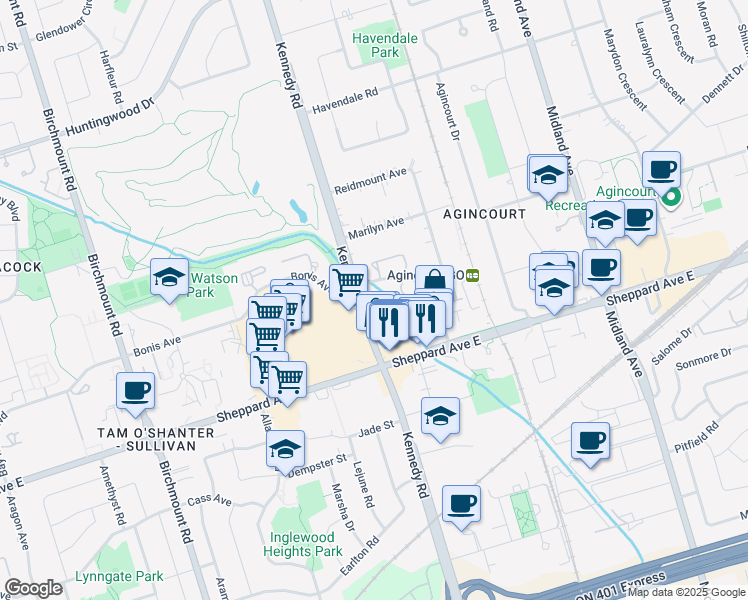 map of restaurants, bars, coffee shops, grocery stores, and more near 2365 Kennedy Road in Toronto