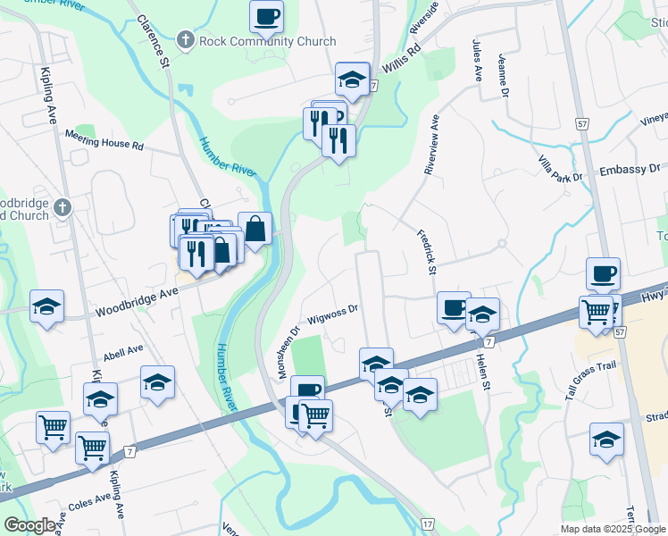 map of restaurants, bars, coffee shops, grocery stores, and more near 186 Monsheen Drive in Vaughan