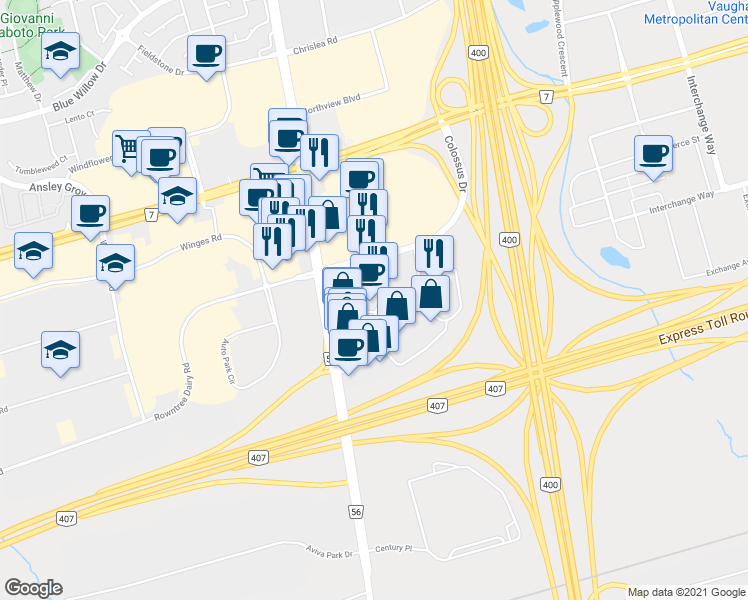 map of restaurants, bars, coffee shops, grocery stores, and more near 31 Colossus Drive in Vaughan