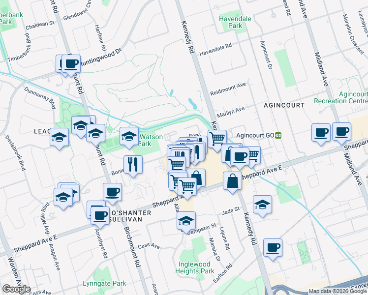 map of restaurants, bars, coffee shops, grocery stores, and more near 185 Bonis Avenue in Toronto