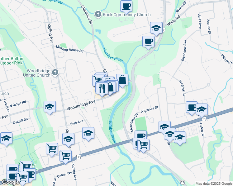 map of restaurants, bars, coffee shops, grocery stores, and more near 83 Woodbridge Avenue in Vaughan