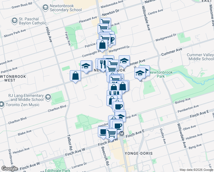 map of restaurants, bars, coffee shops, grocery stores, and more near 5858 Yonge Street in Toronto