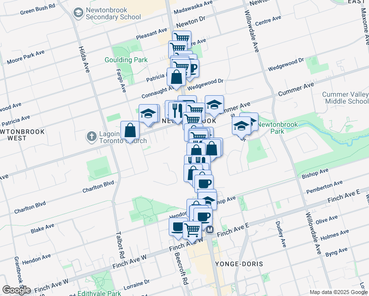 map of restaurants, bars, coffee shops, grocery stores, and more near 5858 Yonge Street in Toronto