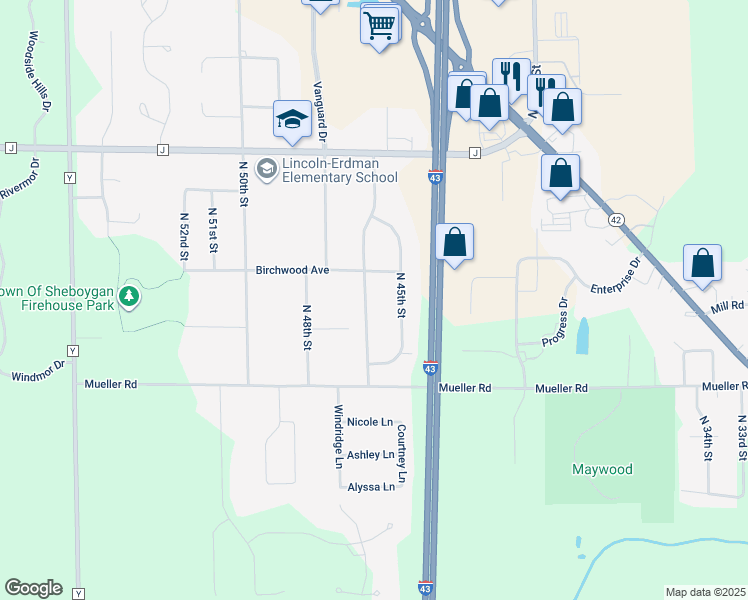 map of restaurants, bars, coffee shops, grocery stores, and more near 3816 North 45th Street in Sheboygan