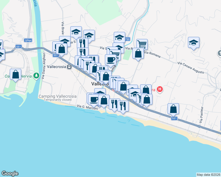map of restaurants, bars, coffee shops, grocery stores, and more near 179 Via Aprosio Col. in Vallecrosia