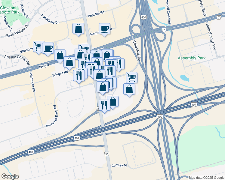 map of restaurants, bars, coffee shops, grocery stores, and more near 31 Colossus Drive in Vaughan