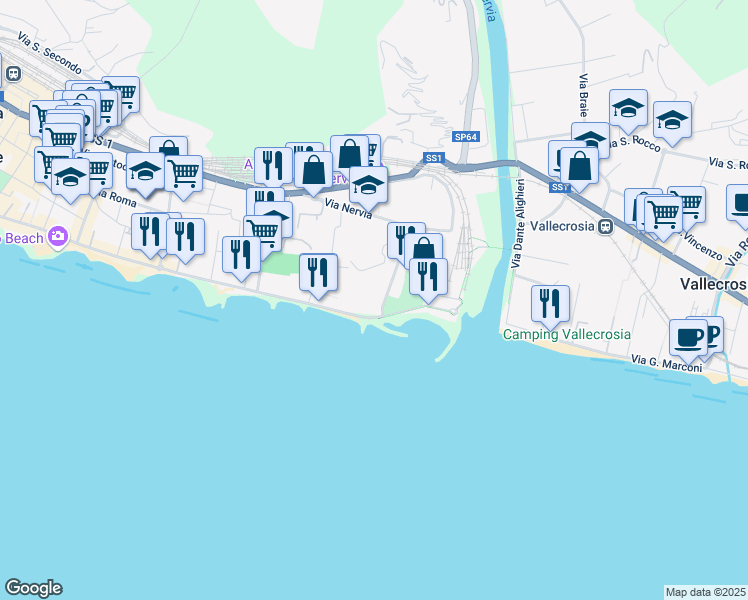 map of restaurants, bars, coffee shops, grocery stores, and more near 9 Via Nino Lamboglia in Ventimiglia