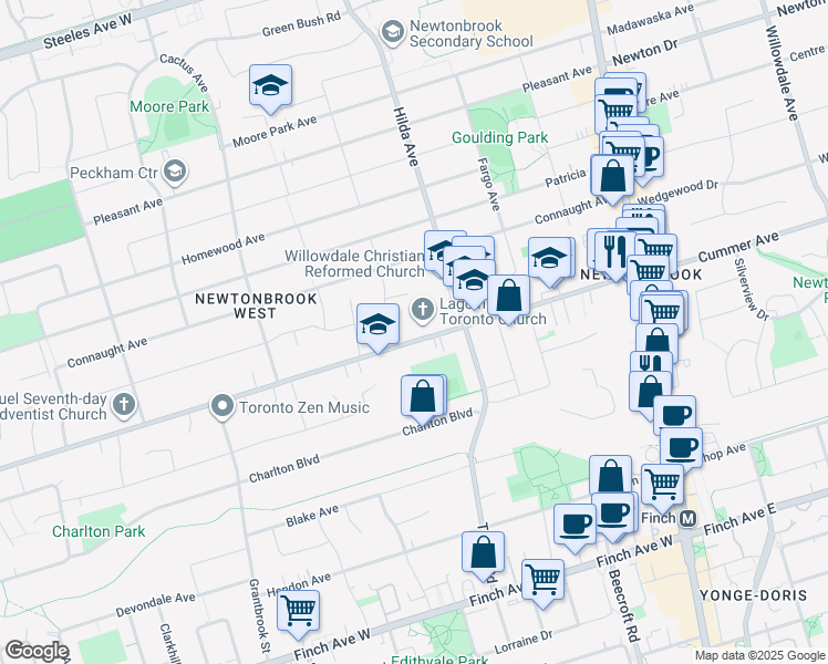 map of restaurants, bars, coffee shops, grocery stores, and more near 180 Drewry Avenue in Toronto