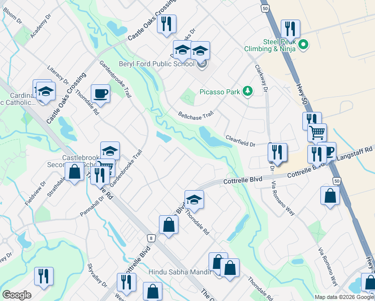 map of restaurants, bars, coffee shops, grocery stores, and more near 23 Aveena Road in Brampton