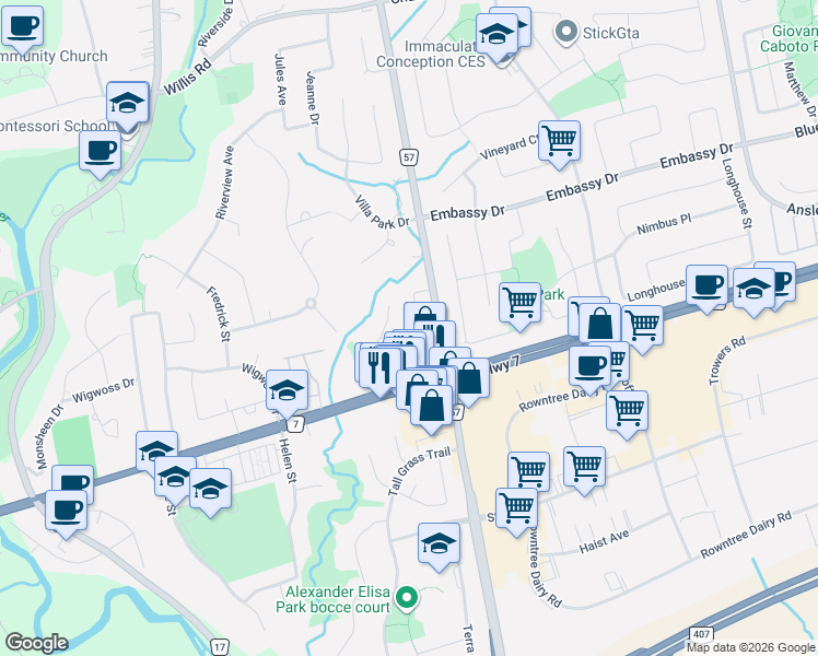 map of restaurants, bars, coffee shops, grocery stores, and more near 62 Royal Garden Boulevard in Vaughan