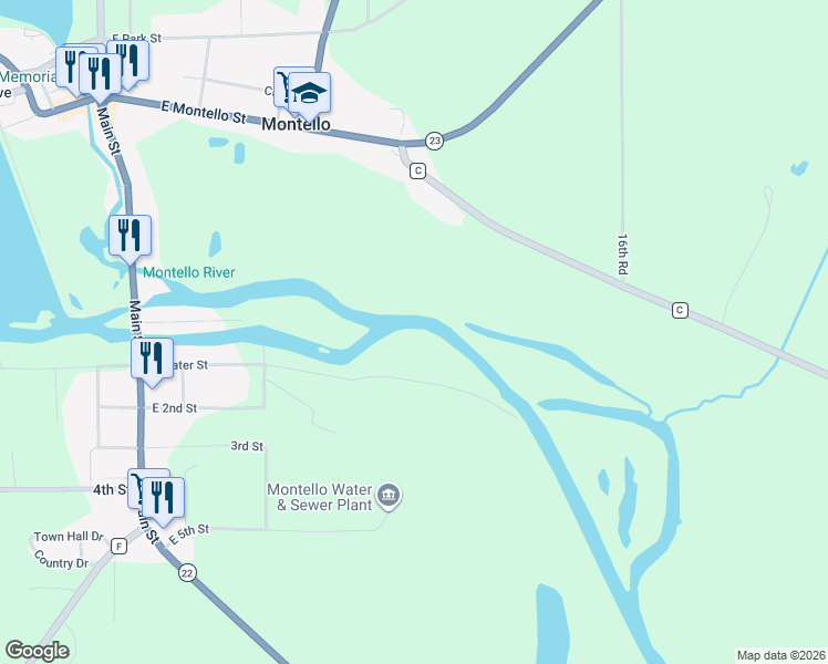 map of restaurants, bars, coffee shops, grocery stores, and more near W3016 East Water Street in Montello