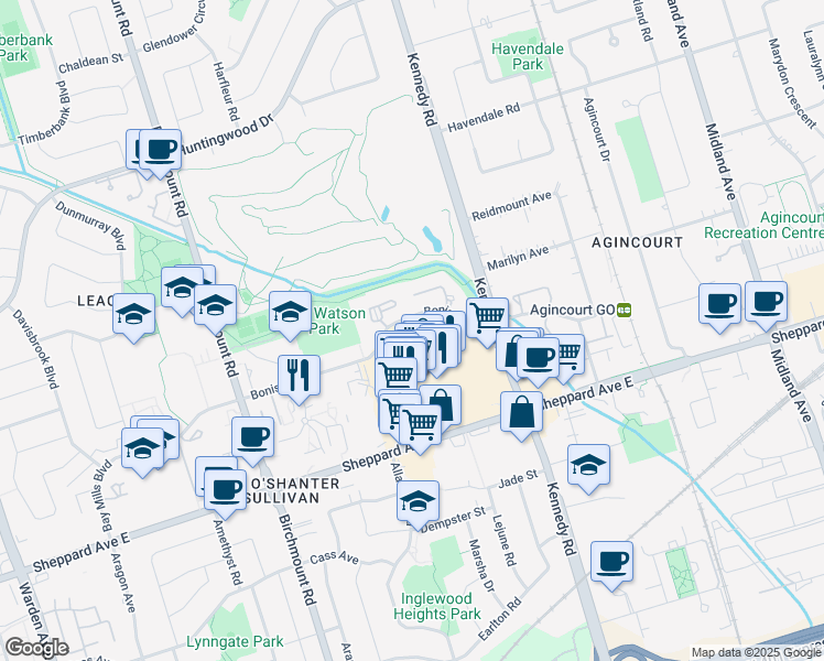 map of restaurants, bars, coffee shops, grocery stores, and more near 185 Bonis Avenue in Toronto