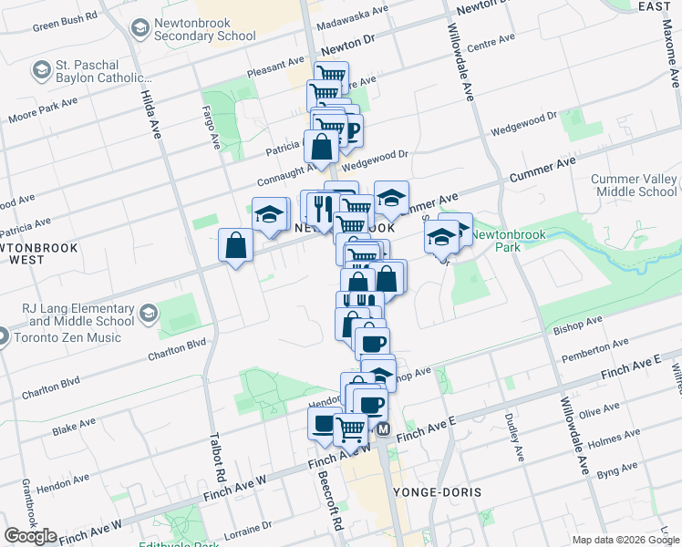 map of restaurants, bars, coffee shops, grocery stores, and more near 5858 Yonge Street in Toronto