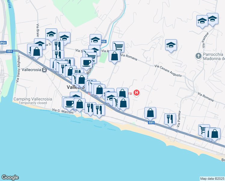 map of restaurants, bars, coffee shops, grocery stores, and more near 90 Via Angeli Custodi in Vallecrosia