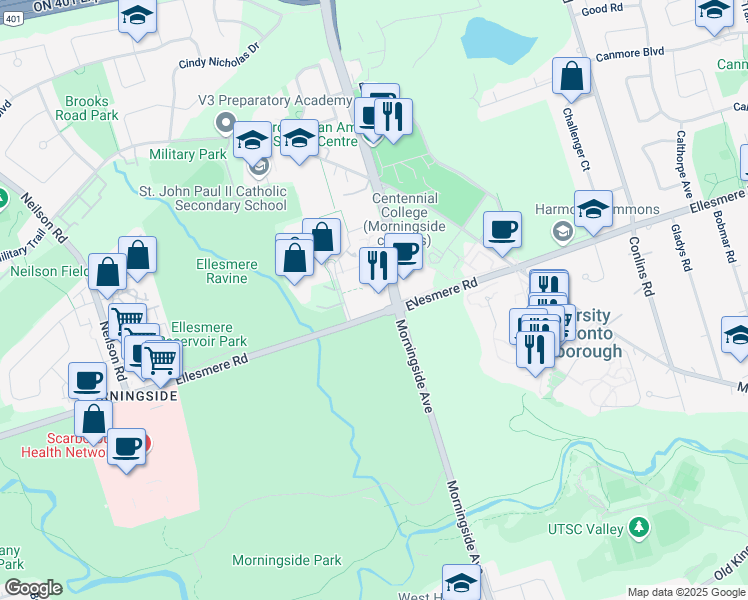 map of restaurants, bars, coffee shops, grocery stores, and more near 3100 Ellesmere Road in Toronto