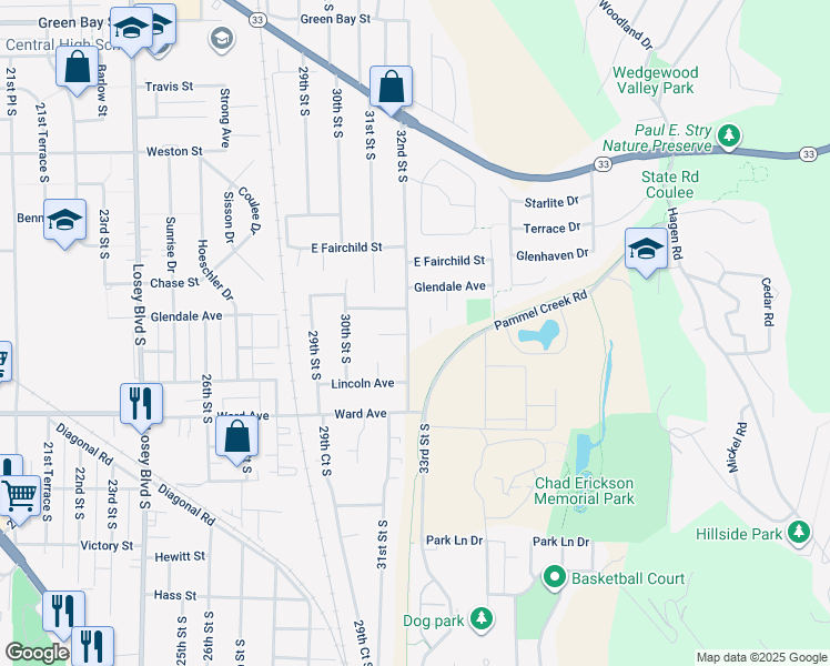 map of restaurants, bars, coffee shops, grocery stores, and more near 2604 32nd Street South in La Crosse