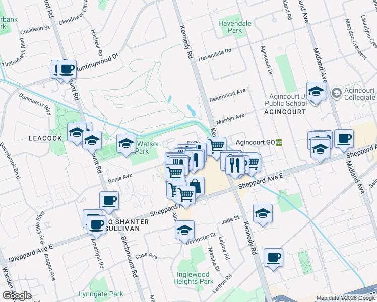 map of restaurants, bars, coffee shops, grocery stores, and more near 3850 Sheppard Avenue East in Toronto