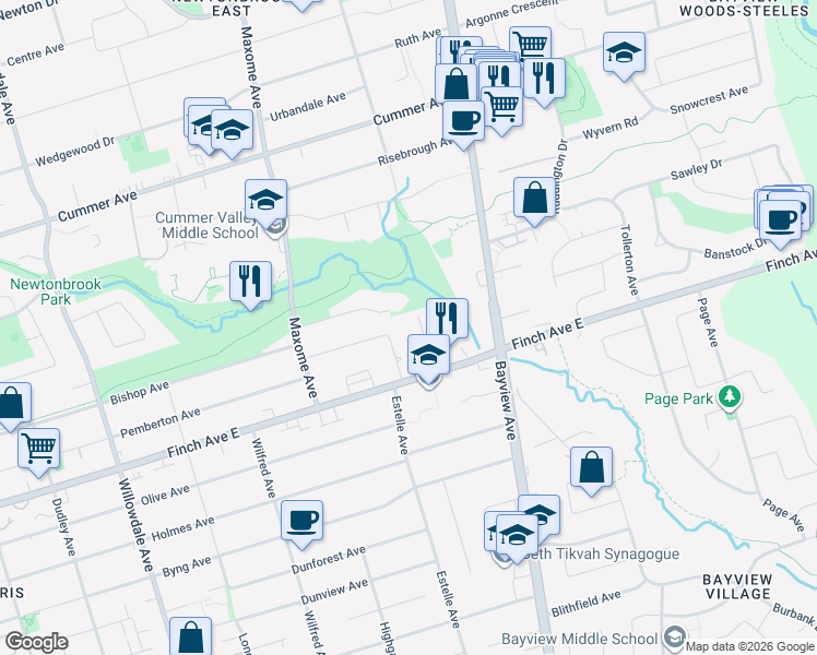 map of restaurants, bars, coffee shops, grocery stores, and more near 26 Manorcrest Drive in Toronto