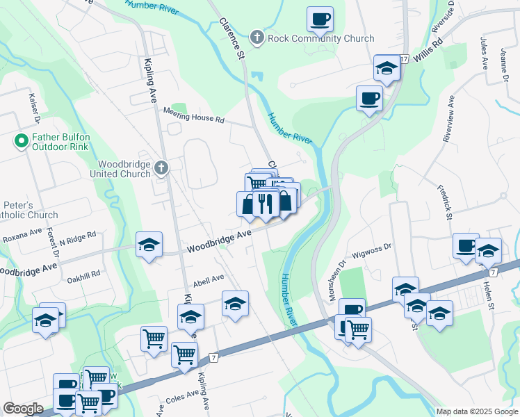 map of restaurants, bars, coffee shops, grocery stores, and more near 140 Woodbridge Avenue in Vaughan